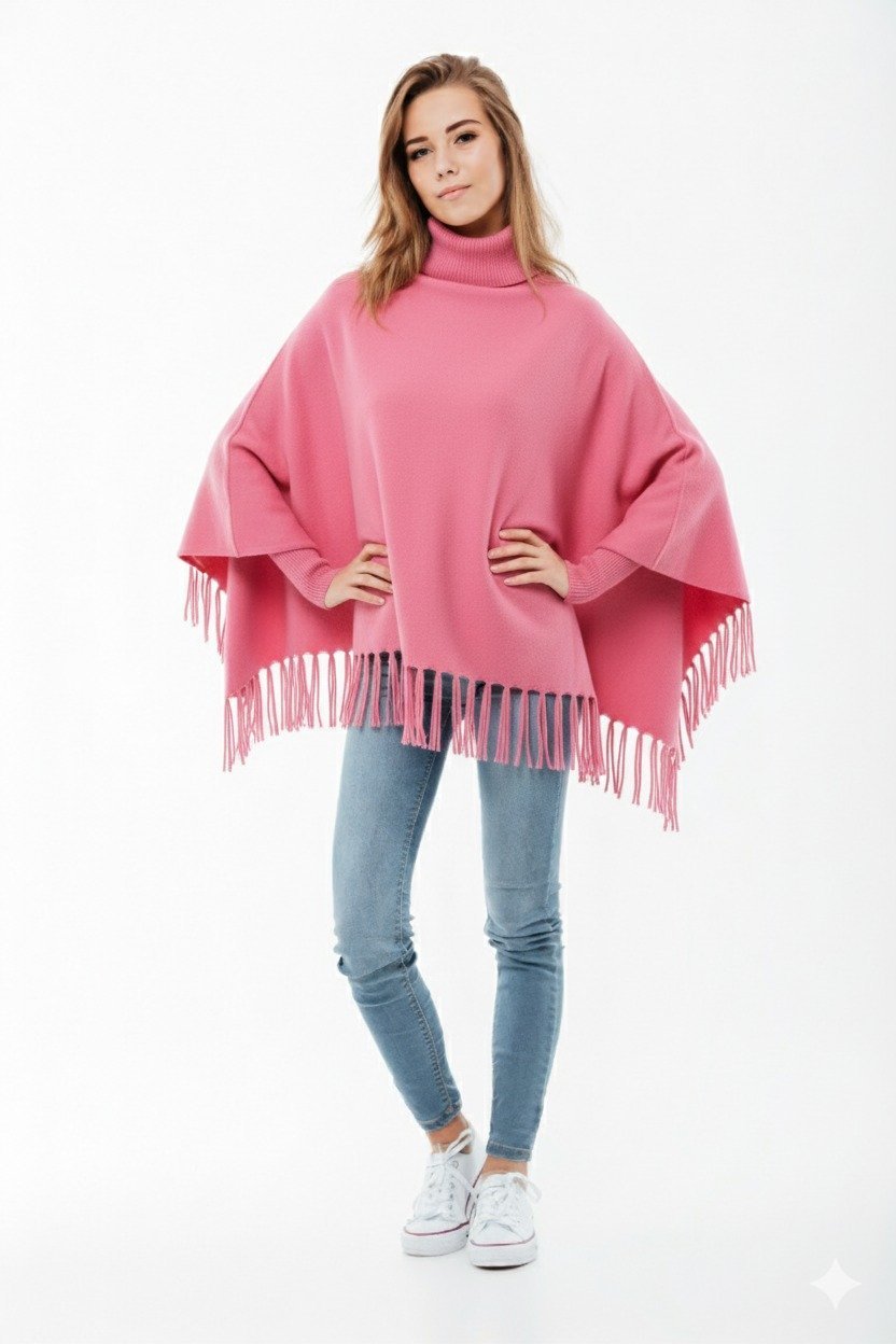 Buy Winter Fleece Poncho for Girls | High-Neck Tassel Poncho Cape for Cozy Cold Weather Style