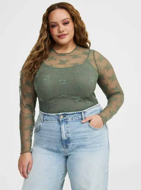 Buy Torrid Sheer Lace Long Sleeve Crew Top Plus Size