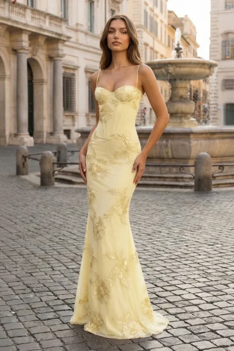 Buy Yellow Floral Sheath Prom Dress | Elegant Spaghetti Strap Bodycon Dress for Prom and Special Occasions
