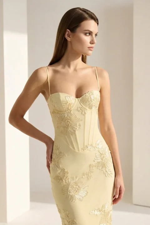 Buy Yellow Floral Sheath Prom Dress | Elegant Spaghetti Strap Bodycon Dress for Prom and Special Occasions