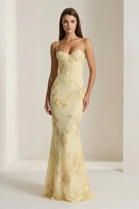 Buy Yellow Floral Sheath Prom Dress | Elegant Spaghetti Strap Bodycon Dress for Prom and Special Occasions