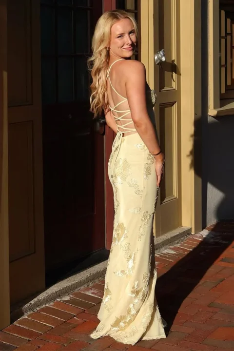 Buy Yellow Floral Sheath Prom Dress | Elegant Spaghetti Strap Bodycon Dress for Prom and Special Occasions