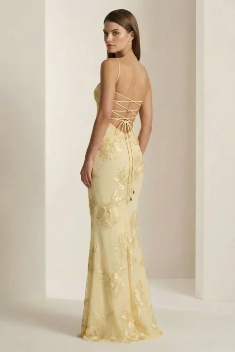 Buy Yellow Floral Sheath Prom Dress | Elegant Spaghetti Strap Bodycon Dress for Prom and Special Occasions
