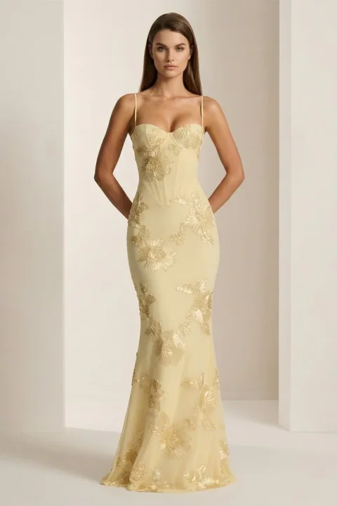 Buy Yellow Floral Sheath Prom Dress | Elegant Spaghetti Strap Bodycon Dress for Prom and Special Occasions