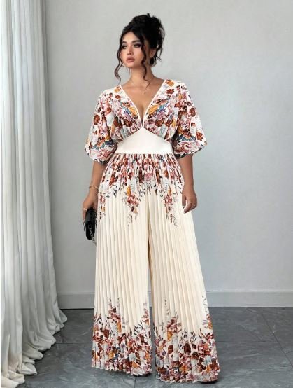 Buy Elenzga Women's Printed Deep V-Neck Jumpsuit | Elegant Wide Leg Jumpsuit for Special Occasions