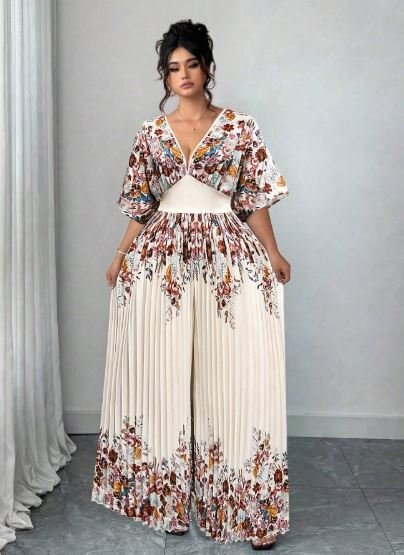 Buy Elenzga Women's Printed Deep V-Neck Jumpsuit | Elegant Wide Leg Jumpsuit for Special Occasions