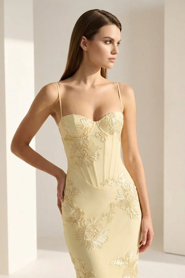 Buy Yellow Floral Sheath Prom Dress | Elegant Spaghetti Strap Bodycon Dress for Prom and Special Occasions