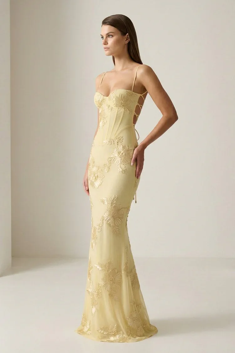 Buy Yellow Floral Sheath Prom Dress | Elegant Spaghetti Strap Bodycon Dress for Prom and Special Occasions