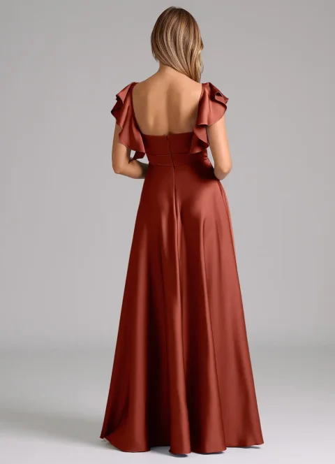 Buy Terracotta A-Line Ruched Stretch Satin Dress Online | Elegant Formal Midi & Evening Dress for Women