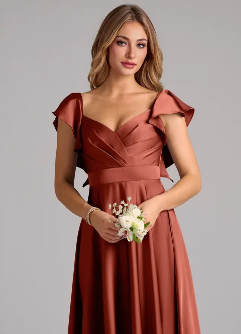 Buy Terracotta A-Line Ruched Stretch Satin Dress Online | Elegant Formal Midi & Evening Dress for Women