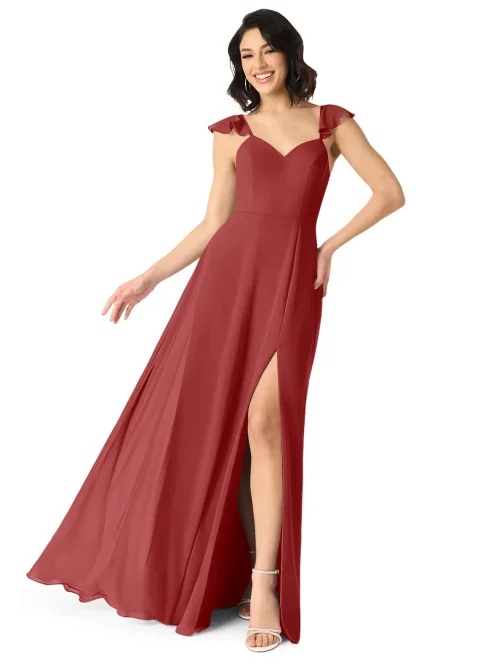 Buy Rust A-Line V-Neck Ruched Chiffon Dress Online | Elegant Bridesmaid & Formal Occasion Dress