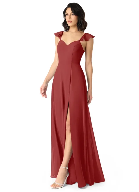 Buy Rust A-Line V-Neck Ruched Chiffon Dress Online | Elegant Bridesmaid & Formal Occasion Dress