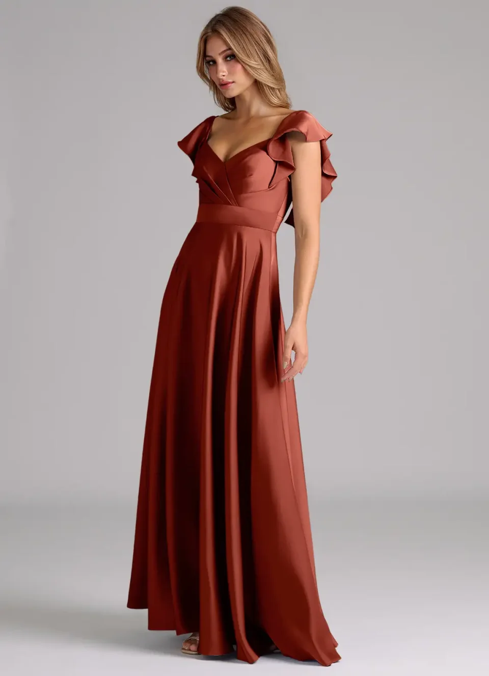 Buy Terracotta A-Line Ruched Stretch Satin Dress Online | Elegant Formal Midi & Evening Dress for Women