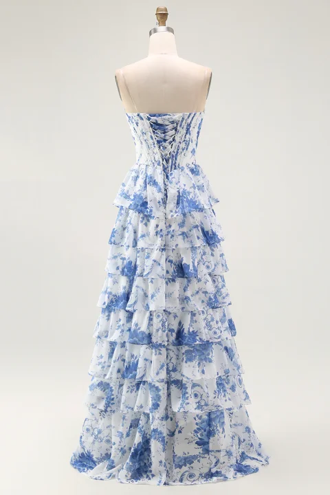 Blue & White Floral Corset Prom Dress with Slit Online | Elegant Formal Evening Gown for Women