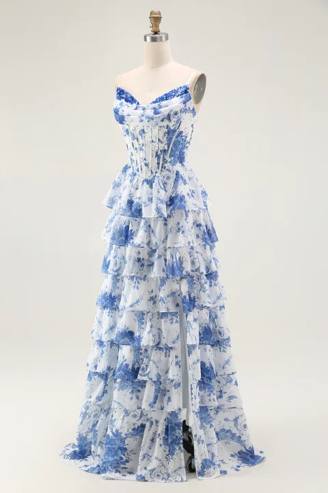 Blue & White Floral Corset Prom Dress with Slit Online | Elegant Formal Evening Gown for Women