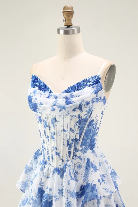 Blue & White Floral Corset Prom Dress with Slit Online | Elegant Formal Evening Gown for Women