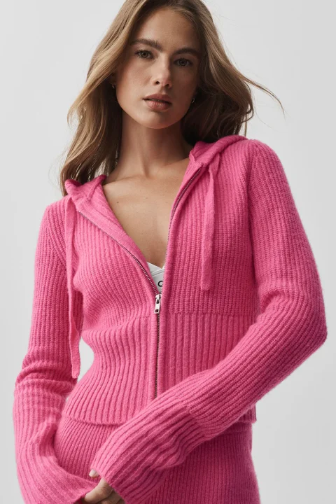 Buy Wool Cashmere Ribbed Noble Full Zip Hoodie Online | Luxury Knit Zip Hoodie
