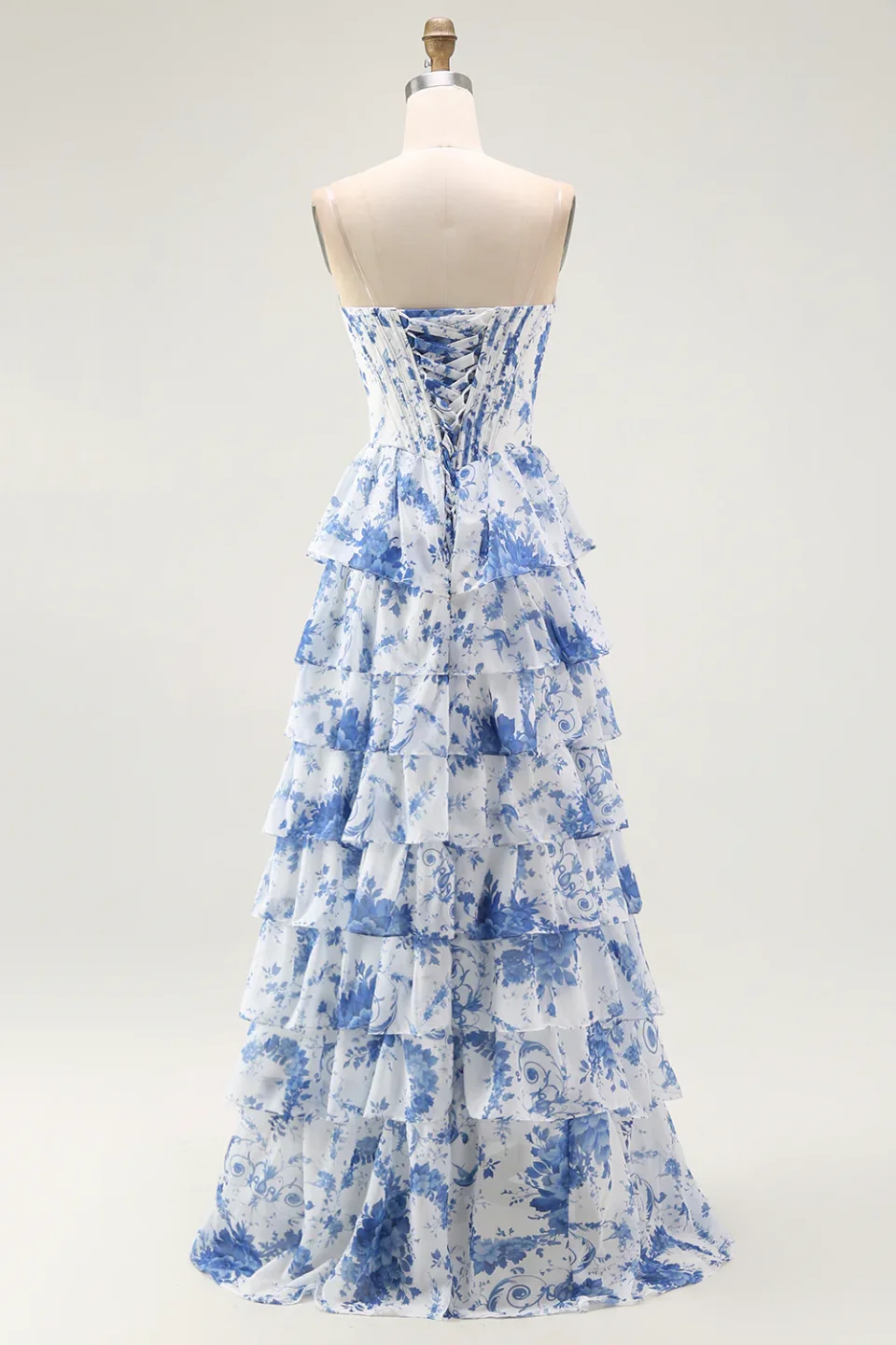 Blue & White Floral Corset Prom Dress with Slit Online | Elegant Formal Evening Gown for Women