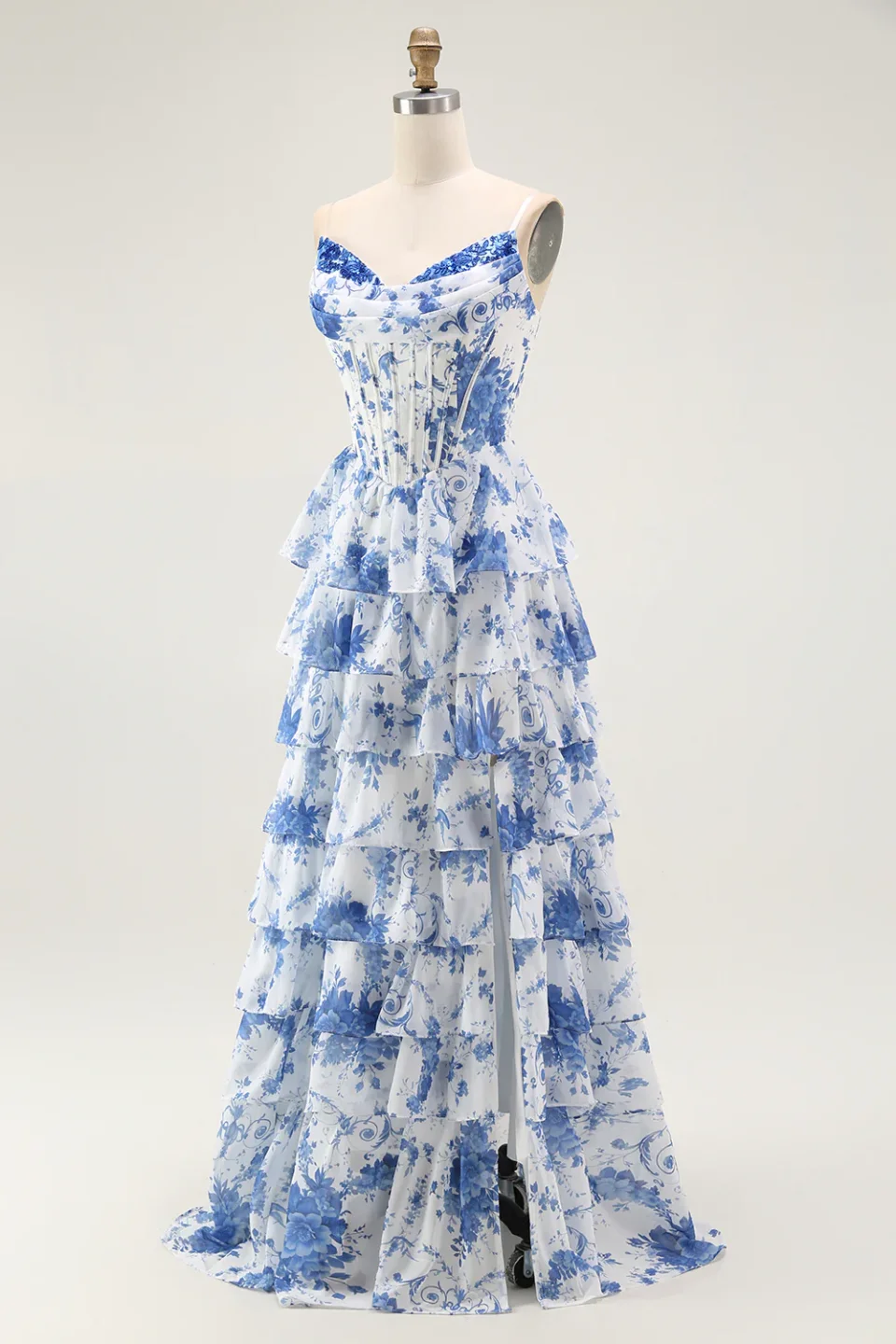 Blue & White Floral Corset Prom Dress with Slit Online | Elegant Formal Evening Gown for Women
